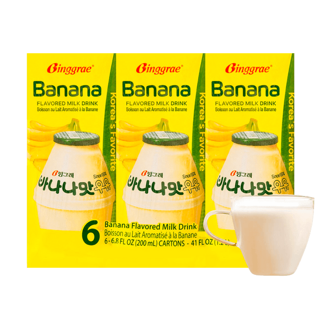 BINGGRAE Banana Flavored Milk Drink,Korean Sweet and Creamy Beverage, 6.76 fl oz*6 Pack
