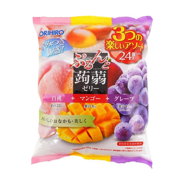 ORIHIRO Mixed Flavor Konjac Fruit Jelly - Peach, Mango & Purple Grape 24 Pieces 16.8 oz