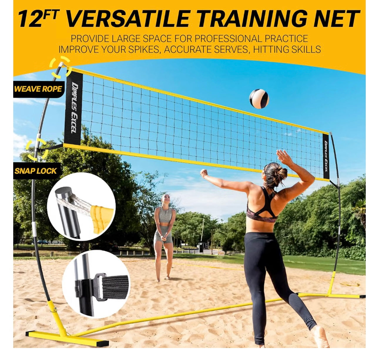 Dimples Excel 12x8 FT Portable Volleyball Net Set,4 Adjustable Heights Set