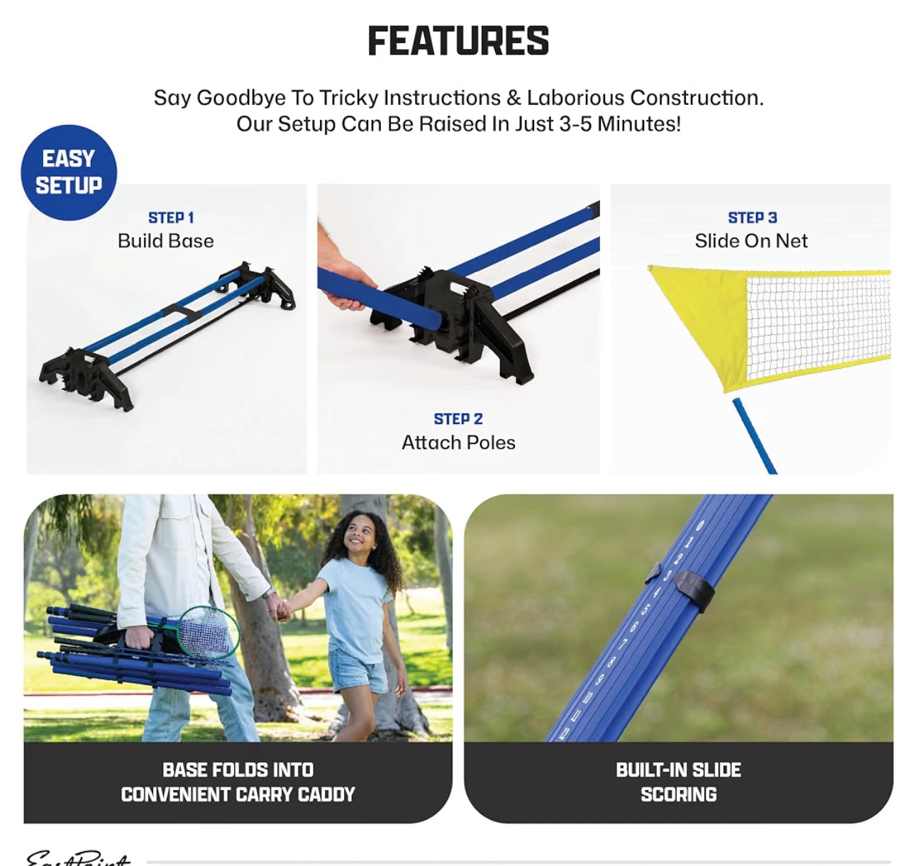 EastPoint Badminton Set, 4 Rackets, 2 Shuttlecocks, 15' Net, Outdoor Games