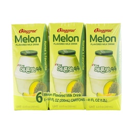 BINGGRAE Melon Flavored Milk Drink,Korean Sweet and Creamy Beverage,6.76 fl oz*6 Pack